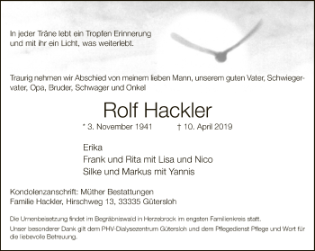 Traueranzeige von Ralf Hakler von Neue Westfälische