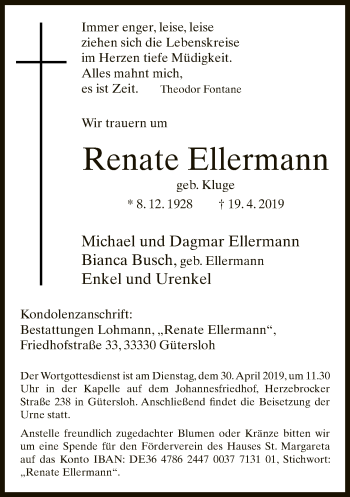 Traueranzeige von Renate Ellermann von Neue Westfälische