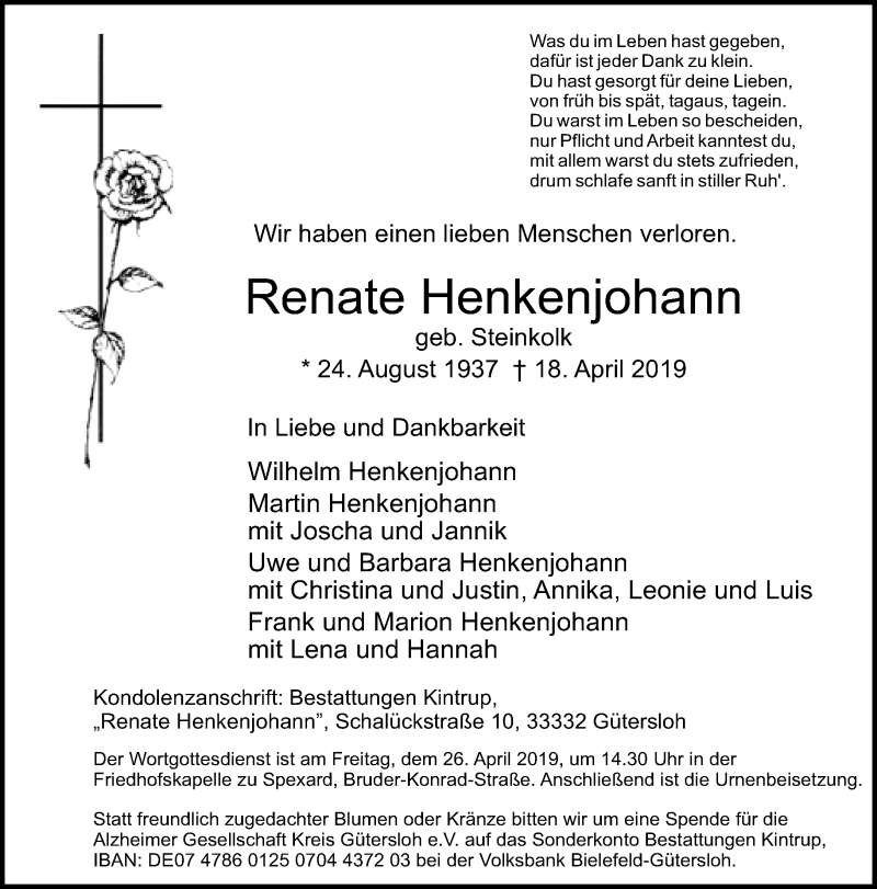  Traueranzeige für Renate Henkenjohann vom 23.04.2019 aus Neue Westfälische