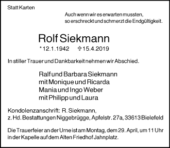 Traueranzeige von Rolf Siekmann von Neue Westfälische