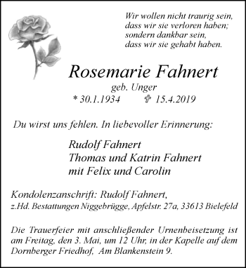 Traueranzeige von Rosemarie Fahnert von Neue Westfälische