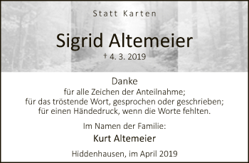 Traueranzeige von Sigrid Altemeier von Neue Westfälische