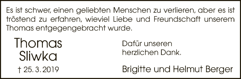  Traueranzeige für Thomas Sliwka vom 13.04.2019 aus Neue Westfälische