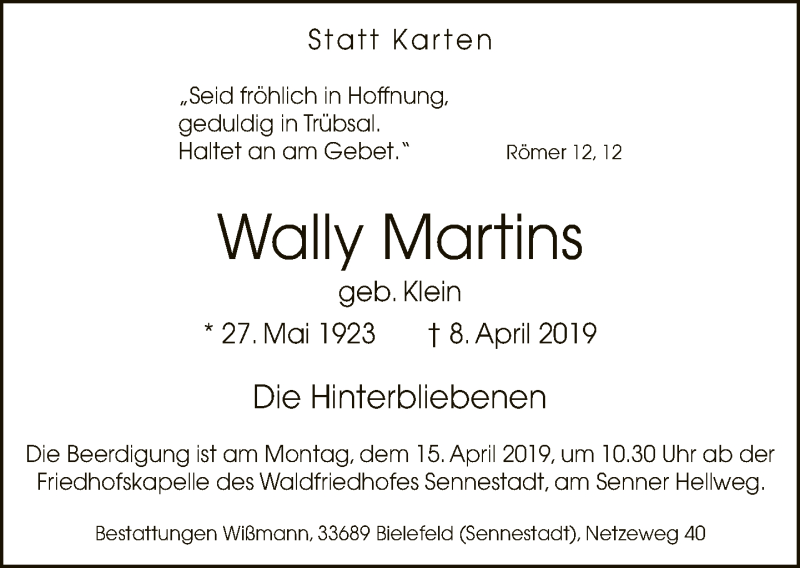  Traueranzeige für Wally Martins vom 10.04.2019 aus Neue Westfälische