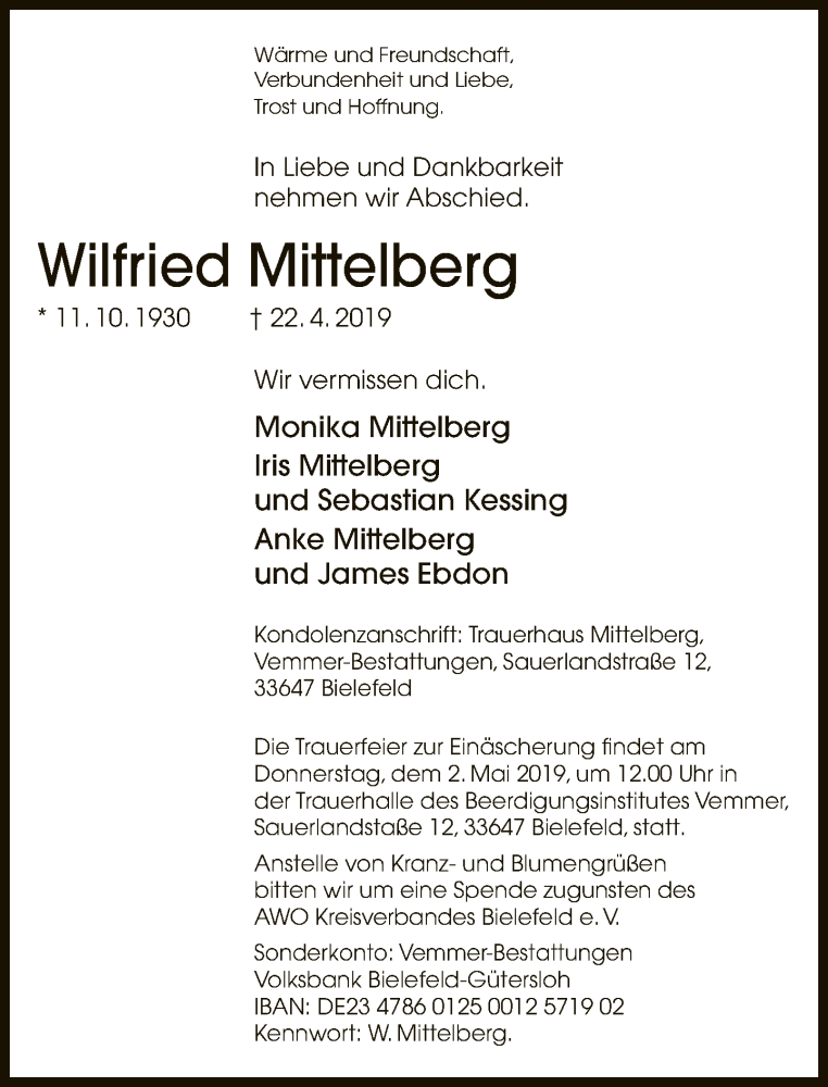  Traueranzeige für Wilfried Mittelberg vom 27.04.2019 aus Neue Westfälische