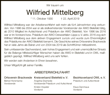 Traueranzeige von Wilfried Mittelberg von Neue Westfälische