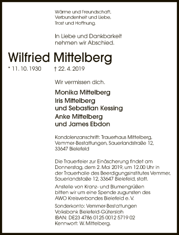 Traueranzeige von Wilfried Mittelberg von Neue Westfälische