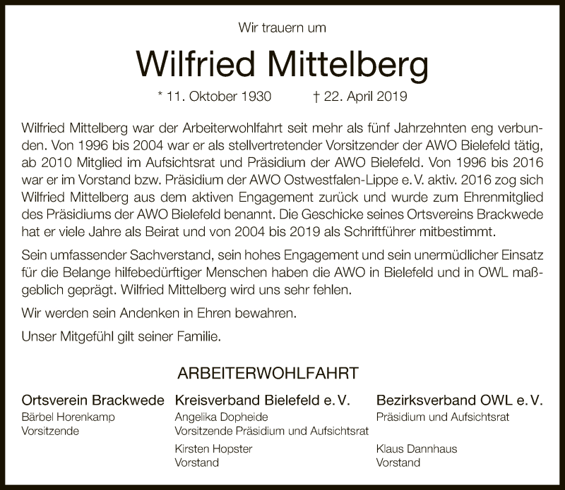  Traueranzeige für Wilfried Mittelberg vom 27.04.2019 aus Neue Westfälische