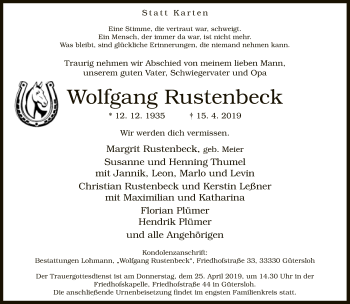 Traueranzeige von Wolfgang Rustenbeck von Neue Westfälische
