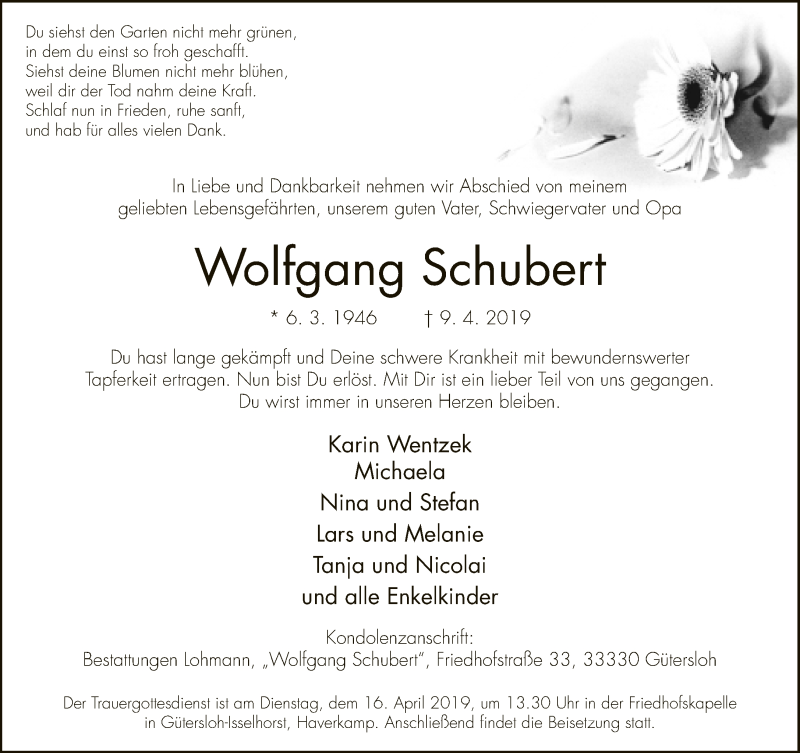  Traueranzeige für Wolfgang Schubert vom 12.04.2019 aus Neue Westfälische
