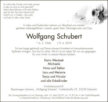 Traueranzeige von Wolfgang Schubert von Neue Westfälische