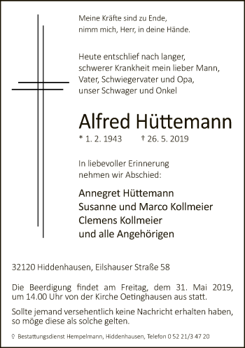Traueranzeige von Alfred Hüttemann von Neue Westfälische