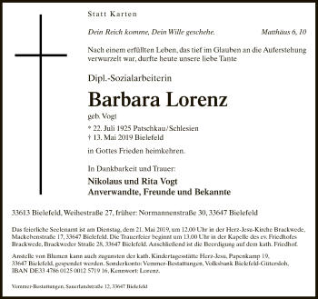 Traueranzeige von Barbara Lorenz von Neue Westfälische