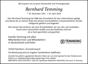 Traueranzeige von Bernhard Temming von Neue Westfälische