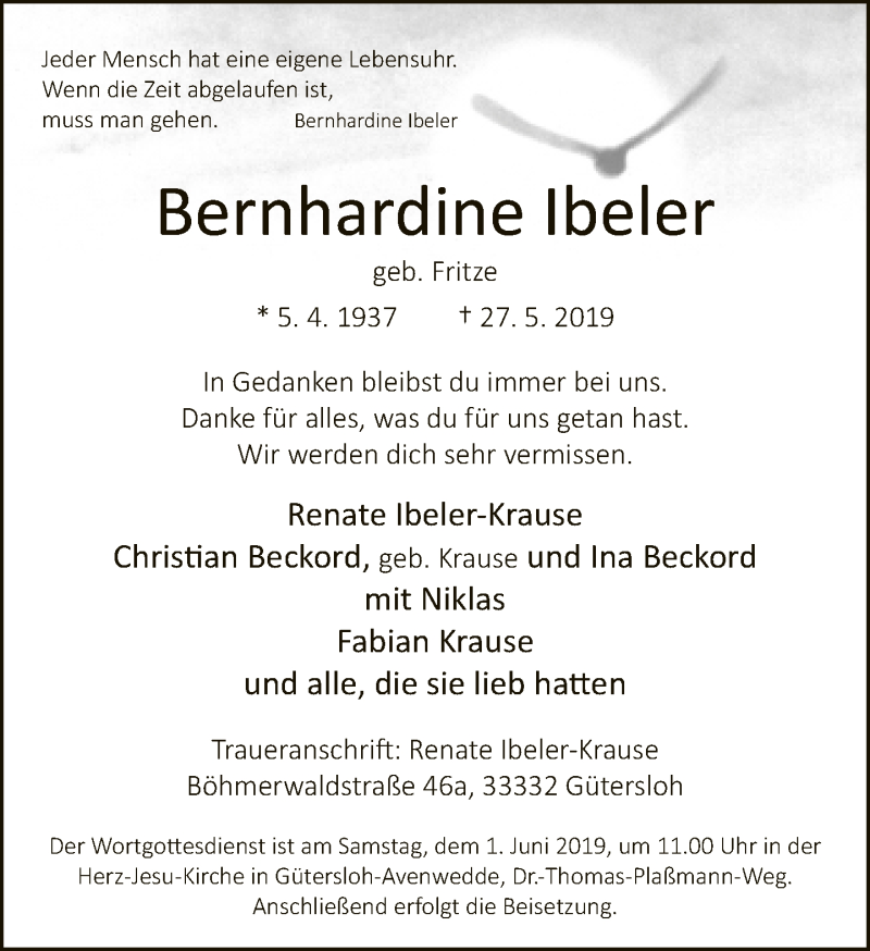  Traueranzeige für Bernhardine Ibeler vom 30.05.2019 aus Neue Westfälische
