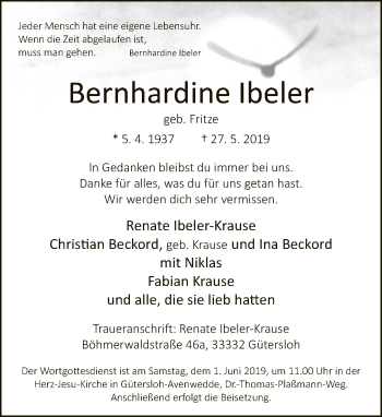 Traueranzeige von Bernhardine Ibeler von Neue Westfälische