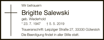 Traueranzeige von Brigitte Salewski von Neue Westfälische