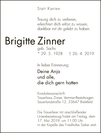 Traueranzeige von Brigitte Zinner von Neue Westfälische