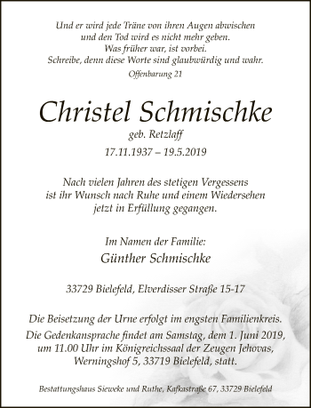 Traueranzeige von Christel Schmischke