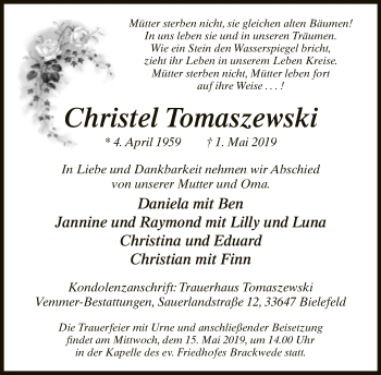 Traueranzeige von Christel Tomaszewski von Neue Westfälische
