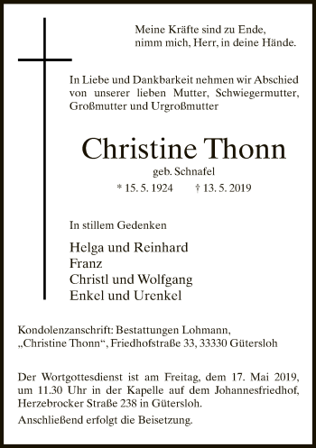 Traueranzeige von Christine Thonn von Neue Westfälische