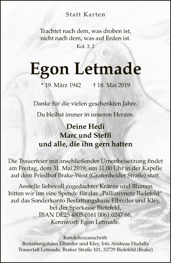  Traueranzeige für Egon Letmade vom 25.05.2019 aus Neue Westfälische