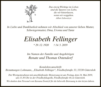 Traueranzeige von Elisabeth Fellfinger von Neue Westfälische