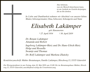 Traueranzeige von Elisabeth Lakämper von Neue Westfälische