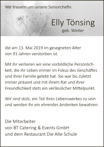 Traueranzeige von Elly Tönsing von Neue Westfälische