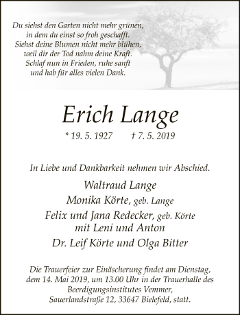 Traueranzeige von Erich Lange von Neue Westfälische