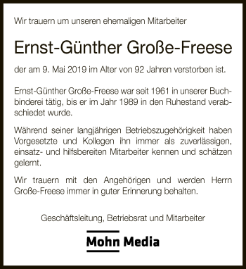 Traueranzeige von Ernst-Günther Große-Freese von Neue Westfälische