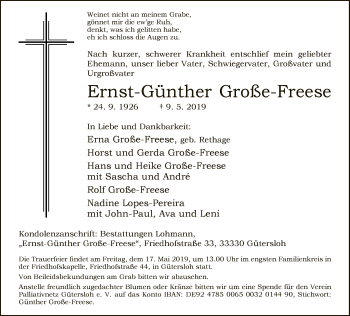 Traueranzeige von Ernst-Günther Große-Freese von Neue Westfälische