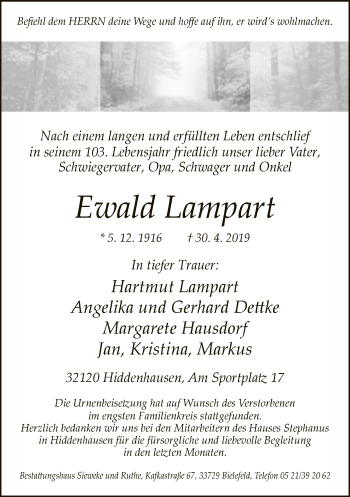 Traueranzeige von Ewald Lampart