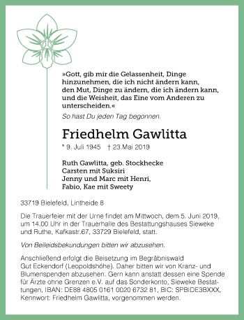 Traueranzeige von Friedhelm Gawlitta