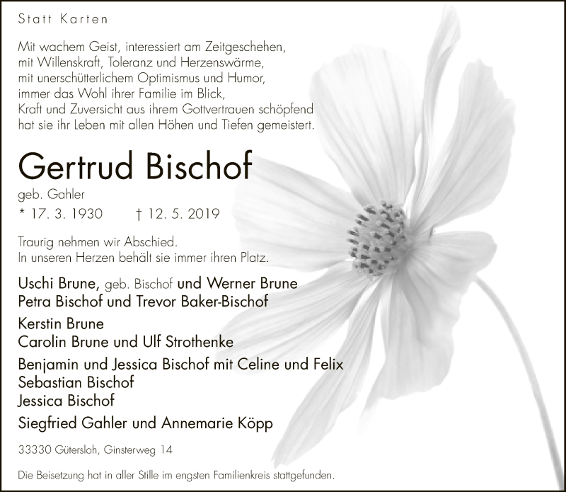  Traueranzeige für Gertrud Bischof vom 18.05.2019 aus Neue Westfälische