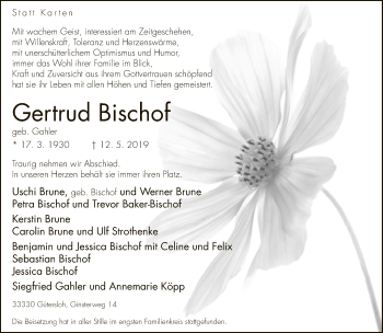 Traueranzeige von Gertrud Bischof von Neue Westfälische