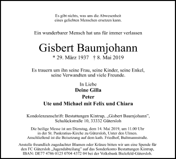 Traueranzeige von Gisbert Baumjohann von Neue Westfälische