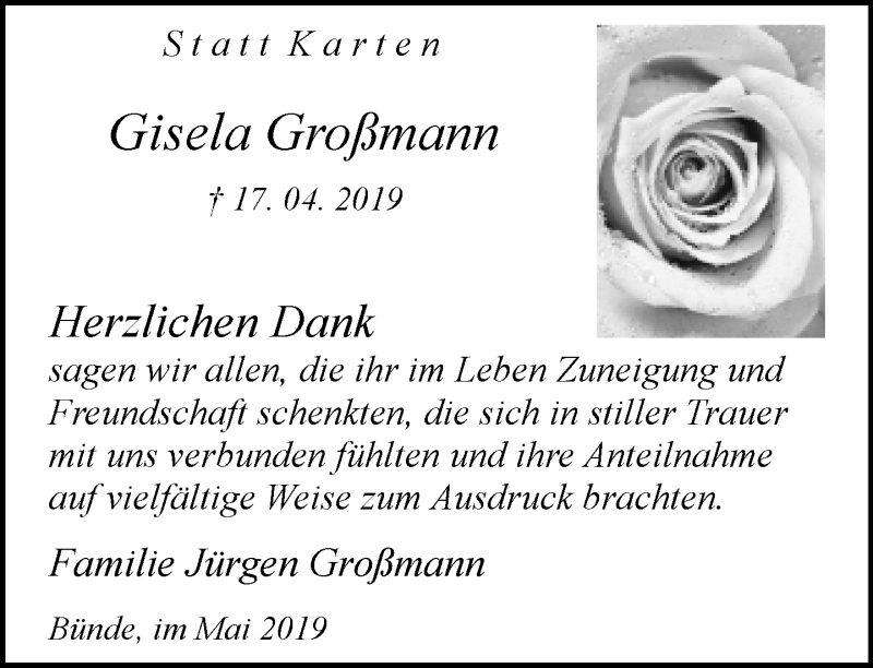  Traueranzeige für Gisela Großmann vom 18.05.2019 aus Neue Westfälische