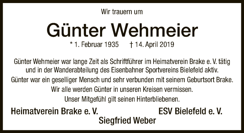  Traueranzeige für Günter Wehmeier vom 03.05.2019 aus Neue Westfälische