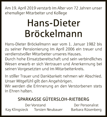 Traueranzeige von Hans-Dieter Bröckelmann von Neue Westfälische