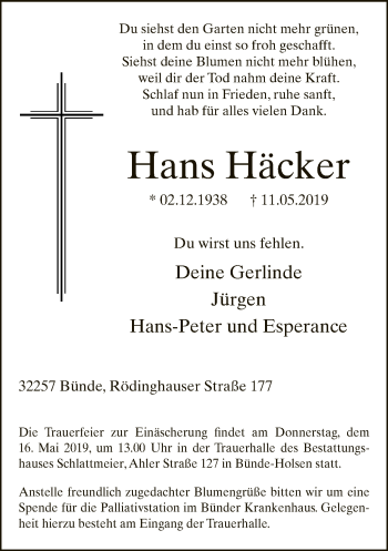 Traueranzeige von Hans Häcker von Neue Westfälische