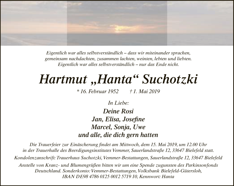  Traueranzeige für Hartmut Suchotzki vom 11.05.2019 aus Neue Westfälische