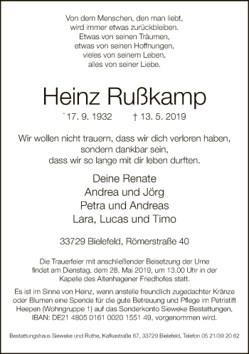 Traueranzeige von Heinz Rußkamp