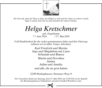 Traueranzeige von Helga Kretschmer von Neue Westfälische