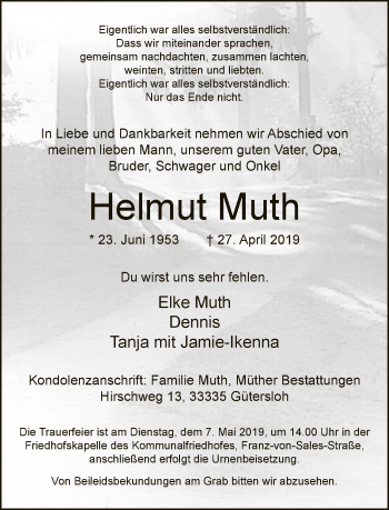 Traueranzeige von Helmut Muth von Neue Westfälische