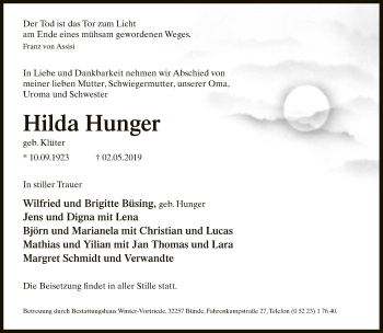 Traueranzeige von Hilda Hunger von Neue Westfälische