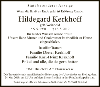 Traueranzeige von Hildegard Kerkhoff von Neue Westfälische