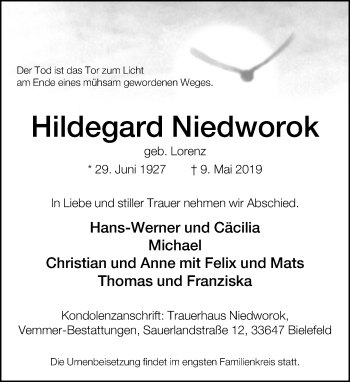 Traueranzeige von Hildegard Niedworok von Neue Westfälische