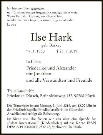 Traueranzeige von Ilse Hark von Neue Westfälische