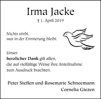 Traueranzeige von Irma Jacke von Neue Westfälische